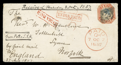 S.G.  22, 1855 4a Deep blue and red, 4th Printing, head die III, frame die II, cut to shape and cancelled by 53 in diamond grid to cover to Norfolk, England, red Poona7 Au 25
origin backstamp, endorsed by first mail to England, 27 Aug 1857