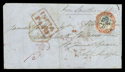 S.G. 23, 1855 4a Blue and red, 4th printing, head die III, frame die II, cut to shape and tied by clear strike of octagonal B127 cancel of Moulmein, Burma, red Moulmein and
boxed India Paid backstamps, Via Southampton directive, 1856