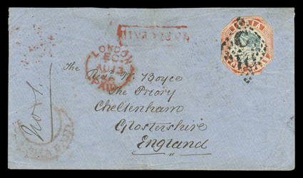 S.G. 23, 1855 4a Blue and red, 4th printing, head die III, frame die II, cut to shape and tied by C10 in diamond of dots cancel to blue cover to Cheltenham, England, red
Bangalore origin and Bombay backstamps, red boxed India Paid as well a
