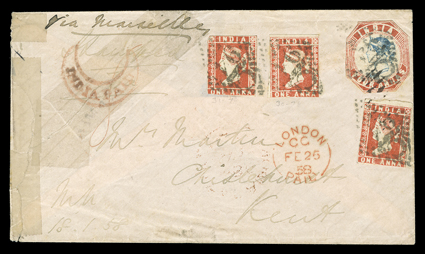 S.G. 23, 1855 4a Blue and red, 4th printing, head die III, frame die II, cut to shape and tied along with three singles 1a Deep red, die I (S.G. 11) by separate strikes of C94
in diamond grid cancels to cover to Chislehurst, England, Via Ma