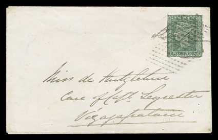 S.G. 31, 1854 2a Green, margins to touching, tied by ms. Stamped and mute diamond of dots cancel to cover, red boxed Masulipatam1855 September 12Paid and Vizagapatam1855
September 16Paid backstamps, very fine.