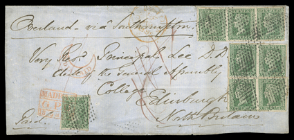 S.G. 31, 1854 2a Green, horizontal strip of three, two horizontal pairs and a single, all but the single with ample to large margins all around, tied by mute diamond of dots
cancels to 1855 folded cover to Edinburgh, red boxed Madras datestamp a