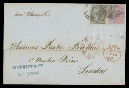 S.G. 36, 45, 1855 8a Carmine on blue glazed paper and 1856 4a Black, single of each tied by octagonal B147 postmark of Penang, Straits Settlement (S.G. Z27, Z34) to 1862
folded cover to London, red double circle Penang P.O.1862 datestamp