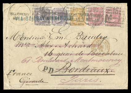 S.G. 56, 62, 65, 1865 8p Purple, 2a Orange and 8a Carmine, horizontal pairs of first and last, tied by four strikes of TellicheryNov 16 duplex postmark to 1874 cover to
Bordeaux forwarded to Paris, numerous backstamps including Bombay 23 Nov.