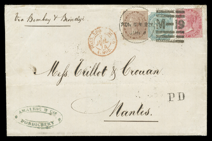 S.G. 58, 69, 73, 1865 1a Pale brown, 1866 4a Green, die I and 1868 8a Rose, die II, singles of each tied to fresh 1874 folded cover to Nantes, France by neat strike of
Pondichery French India duplex postmark, Via Bombay and Brindisi direct
