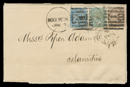 S.G. 58, 69, 75, 1865 1a Pale brown, 1866 4a Green and 1873 ½a Deep blue, die II, singles of each tied to 1875 folded circular to Mauritius by two strikes of Moulmein, Burma
Jan. 7 duplex, Calcutta transit and Mauritius arrival backstamps, c