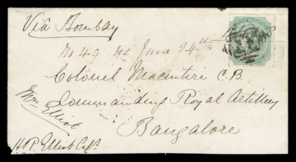 S.G. 69, 1866 4a Green, tied to officers cover by square framed FF in diamond on cover to Bangalore with via Bombay directive, mostly clear Abyssinia Field Force Post Office4
Ju, 68 postmark on reverse, Bombay transit and red Bangalor