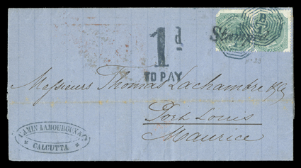 S.G. 69, 1866 4a Green, horizontal pair, left stamp with top left corner missing, tied by two bold strikes of blue octagonal B1 killer to fresh 1869 folded letter to
Mauritius, arriving with dark blue straightline Stamped tying the stam