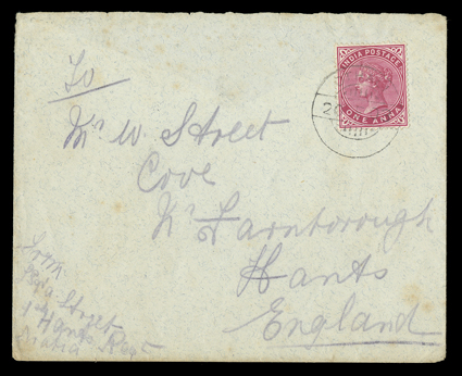 India S.G. 115, 1900 1a Carmine, single tied to Street correspondence cover to England by clear double circle Dthali20 Se 03 datestamp, soldiers endorsement at lower left,
AdenSe 21, 03 and arrival backstamps, flap missing which is not no