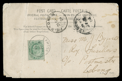 S.G. 121, 1902 ½a Yellow-green, used on picture post card from Tibet with clear Lahassa11 Se 04 datestamp, Field P.O. No 626 Se 04 transit and Lebong27 Se 04 arrival postmark,
card with vertical creases but very scarce, also another