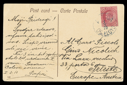 S.G.150, 1907 1a Carmine, tied by partial Africaof Llyod1.3.10 datestamp to picture post card of Camel Cavalry Transport to Trieste, mailed on board the Austrian steamer
Imperator, very fine and rare marking.