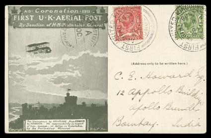 Great Britain 1911 Coronation Aerial Post between London and Windsor, scarce olive-green card franked by ½d and 1d Downey Heads tied by two strikes of First United
KingdomAerial PostSp 9, 1911London datestamps to Bombay, India, Sea Post
