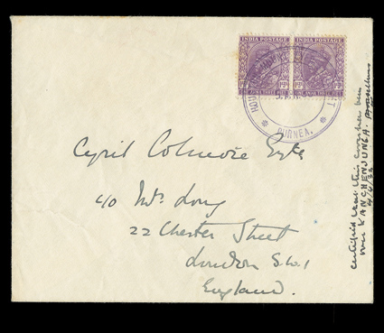 Houston Mount Everest Expedition, flight over Kanchenjunga, cover franked by 1932 1a3p Mauve pair tied by violet triple circle Houston Mount Everest FlightPurnea5.APR.33
flight cachet to cover to England, matching violet wavy line Houston-Mt