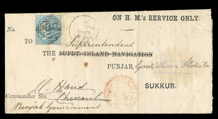 S.G. O2, 1866 Service overprint on ½a Pale blue, tied by Dera Ghazee Khan numeral 65 duplex postmark to official 1867 partially printed folded notice to Sukkur, red MooltanAu
20, 67 hexagonal transit backstamp and red Sukkur arrival pos
