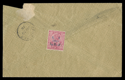S.G. M35, 1915-16 1a Aniline carmine overprinted I.E.F. and further handstamped G.RPostMafia in dull blue, single affixed to back of cover to Zanzibar, with mostly clear
ZanzibarJu 20, 16 arrival datestamp alongside, portion of cover mi