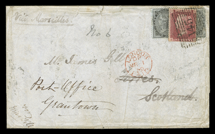 India and Great Britain mixed franking covers, group of nine covers from 1859 to 1881 franked by Indian adhesives at various rates and redirected upon arrival with mostly 1d
Red stamps, variety of origins, including Singapore, routes and destinat