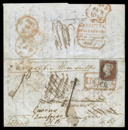 Covers from India sent on with Great Britain postage, four stampless folded covers from India, first 1845 from Calcutta sent Express & via Marselles charged 110d and forwarded
with 1d Red-brown imperforate (SG BS27) and further redirected w