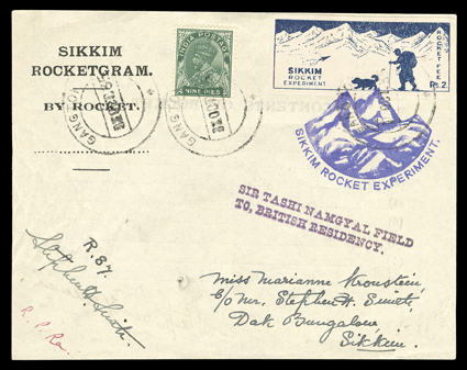 Rocket mail, ten 1935-38 mostly different flown covers or cards, all Stephen Smith flights and signed by him, five 1935 Sikkim Royal Jubilee rocketgrams or adhesives, one 1935
Sikkim Rocket Experiment, three 1937 Eric-Cyn flights and one 1938 