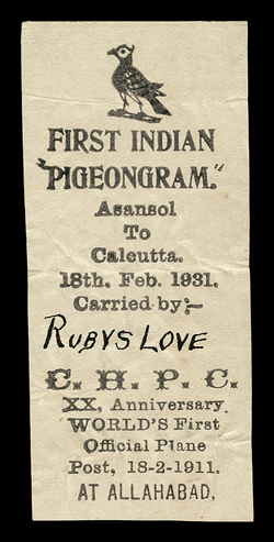 Pigeongrams, group of ten slips comprised of Asanol to Calcutta (2) and Hazaribagh to Calcutta (8), all signed on reverse by Stephen Smith, plus two covers containing
pigeongrams franked with George V 1a3p tied by magenta KalyanFirst Pigeon Mis