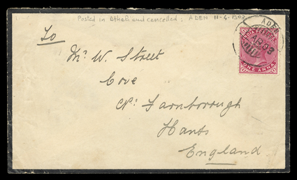 Street correspondence covers and the Aden-Yemini Boundary Commission and Somaliland Field Force, ten covers to Farnborough, England from 1902-04 franked by various India
Victoria and Edward VII ½a and 1a stamps, comprised of five covers mailed pr