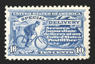 E9, 10c Ultramarine, well centered within large margins, bright and fresh, o.g., n.h., choice very fine.