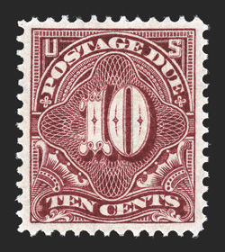 J42, 10c Deep claret, precisely centered within large margins, rich vibrant color and a crisp impression, o.g., lightly hinged, an extremely fine gem 2010 PSE certificate
(Superb 98 SMQ $440.00) this is the highest grade the PSE has awarded