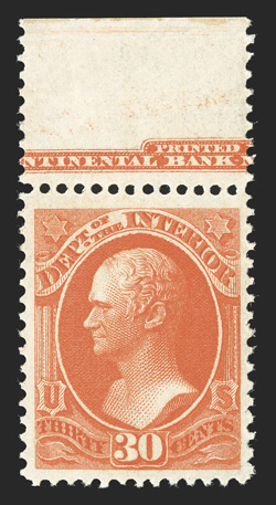 O23, 30c Interior, a gorgeous top margin partial imprint single, with deep intense color and a striking vivid impression, plus it is extraordinarily well centered within large
margins, o.g., never hinged (hinged in the selvage only), extremely f