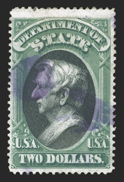 O68, $2.00 State, scarce used single, well centered within large margins, strong rich colors, light violet cancel, faint thins at top right, very fine appearance clear 1987 PF
certificate and a 2010 PF certificate.