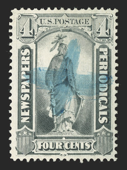 PR11, 4c Black, a highly select used example, being wonderfully well centered within large margins, fresh color on bright paper, neat blue brush stroke cancel, extremely fine
an elusive used stamp that is particularly challenging in this choice