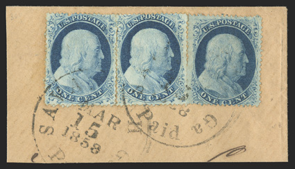 23, 1c Blue, Ty. IV, two singles tied along with 1c Blue, Ty. V (24) by two strikes of Savannah, Ga.PaidMar 15, 1858 datestamps to piece, left Ty. IV stamp with pulled
perforation at top, otherwise a fine and scarce combination usage.