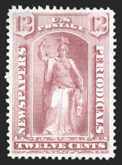 PR40, 12c Pale rose special printing, a stunning quality example of this scarce value, being incredibly well centered amid uncharacteristically wide margins, wonderfully
bright and fresh, with strong color and a razor-sharp impression on crisp w