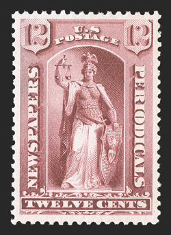 PR82, 12c Carmine, extraordinarily well centered within uncommonly wide margins, deep luxuriant color and a sharp impression, o.g., current certificate calls it previously
hinged due to two tiny moisture spots at top left and middle, extremely