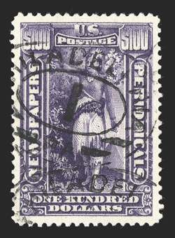 PR125, $100.00 Purple, premium used example, beautifully centered within large margins, deep vibrant color on bright white paper, Philadelphia double oval cancels, extremely
fine a very scarce stamp in this choice used condition 2010 PF certif