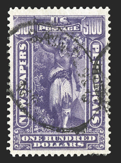 PR125, $100.00 Purple, exceptionally well centered and margined, brilliantly rich color, light oval cancels, extremely fine 2009 PSE certificate (XF 90).
