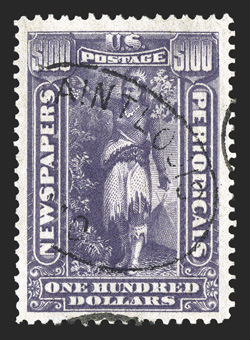 PR125, $100.00 Purple, well centered within extraordinarily large margins, deeply rich color, light St. Louis oval cancel, extremely fine 2010 PSE certificate (VF-XF 85
Jumbo).