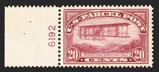 Q8, 20c Parcel Post, left margin plate no. 6192 single, marvelously well centered within wide margins, strong color, o.g., n.h., extremely fine 2006 PSE
certificate.