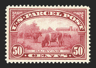 Q10, 50c Parcel Post, a most impressive mint example, featuring extraordinary centering amid large margins, deep intense color and impression, pristine o.g., n.h., an
extremely fine gem 2006 PSE certificate (XF-Superb 95 SMQ $2,700.00).