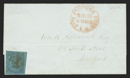 6LB5b, U.S. City Despatch Post, New York, N.Y., 3c Black on blue glazed, large to huge margins all around, cancelled by red U.S. in frame on locally addressed folded cover,
matching U.S. City Despatch PostMar 25, 9 OClock datestamp, fresh