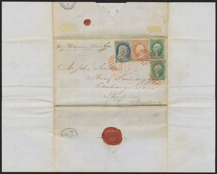 24, 26, 35, 1c Blue Ty. V, 3c Dull Red, 10c Green Ty. V, two 10c, singles of others, tied by red grid cancels on folded letter datelined Sept. 10, 1861 to Sheffield, England,
red New York 19 Sept 17 c.d.s., ms. pr. Steamer Arabia, cover with