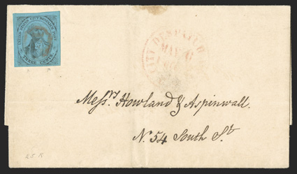 6LB5b var., U.S. City Despatch Post, New York, N.Y., 3c Black on blue glazed, double transfer, pos. 25R, four large to very large margins, cancelled by red US in octagon, on
locally addressed folded cover with matching U.S. City Despatch Post