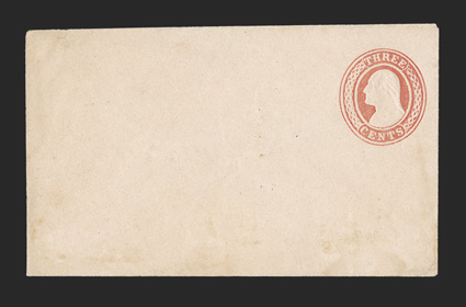 U1, 3c Red on white, die 1, size 2, knife 2, wmk. 1, elusive mint example of this extremely rare entire, the smaller and more desirable size 2 which is valued 20% higher in
UPSS, light fold and insignificant reduction at left, faint soiling at b