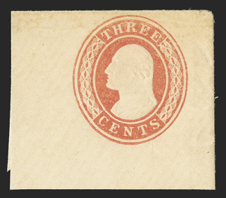 U3, 3c Red on white, 45x40mm full corner mint cut square, good color and strong embossing, faint toning band at top edge, otherwise very fine quite scarce as a full
corner.