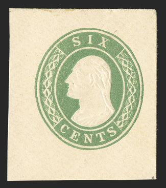 U13, 6c Green on white, 34x40mm full corner mint cut square, particularly bright and fresh with detailed embossing, extremely fine.