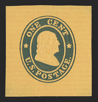 W22, 1c Blue on orange wrapper, 32x33mm mint cut square on horizontally laid paper, rich color on fresh paper, thinned spot, very fine appearance quite rare with only about
ten examples extant.