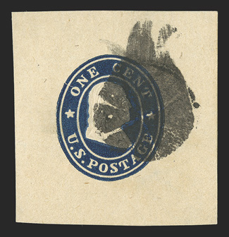 W25, 1c Blue on manila wrapper, large 40x43mm cut square, used with bold cork cancel, deep rich color on clean fresh paper, completely free of the myriad faults that plague
most, extremely fine a premium quality example of this rare and difficu