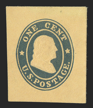 UPSS 32, 1c Blue Ty. 9 on orange wove paper, 28x33mm full corner mint cut square, strong color and clear embossing, very fine and scarce unlisted in Scott 1987 PF
certificate.