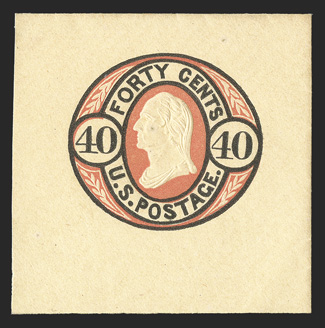U45, 40c Black and red on buff, 43x43mm full corner mint cut square, vivid rich colors and highly detailed embossing on clean fresh paper, extremely fine and
attractive.