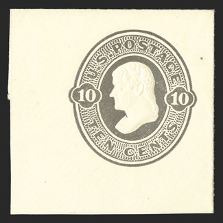 U90, 10c Olive black on amber, 42x42mm full corner mint cut square, wonderfully fresh with bold embossing, trivial tiny spot at upper right well away from the indicia, still
extremely fine quite scarce as a full corner.