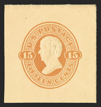 U98, 15c Red orange on cream, 39x41mm full corner mint cut square, detailed embossing, fresh and very fine.