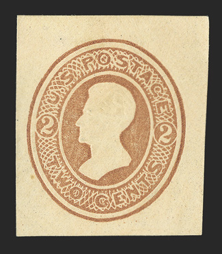 U124, 2c Brown on cream, 31x36mm mint cut square, being quite typical of this as nearly all are the same size and no entires are known, good color on fresh paper, very fine
and scarce.